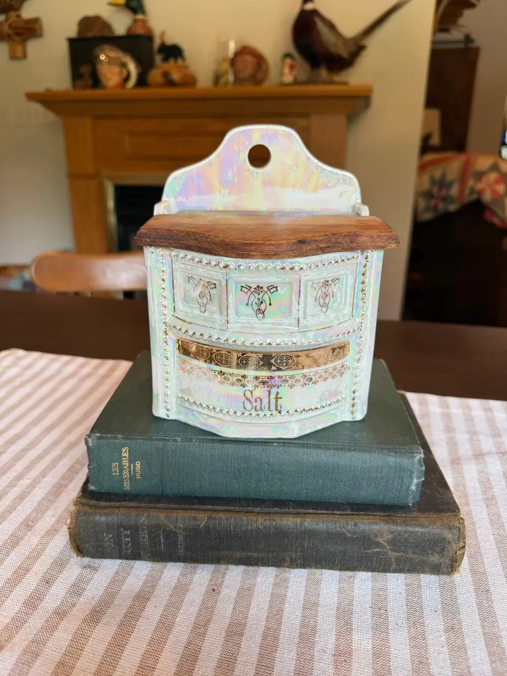 Vintage German 1930's Pearl Lusterware with gold accent Salt Box with wood lid